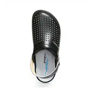 ESD medical rubber clog in black with white sole. RUBBER 310 range. Top of shoe. Bondline.