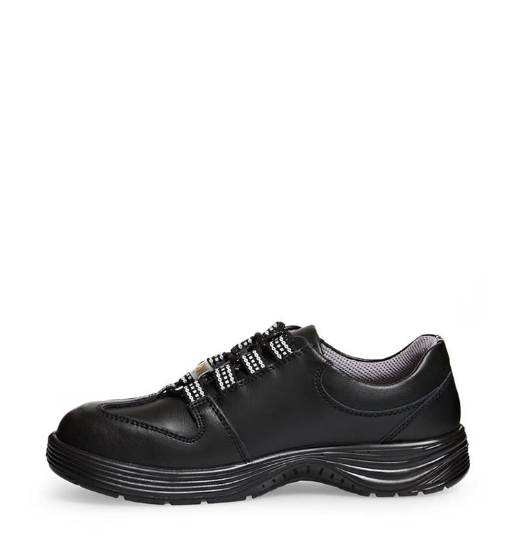 ESD black shoe with laces and ESD symbol. X-LIGHT 038 range. Side view of shoe. Bondline.