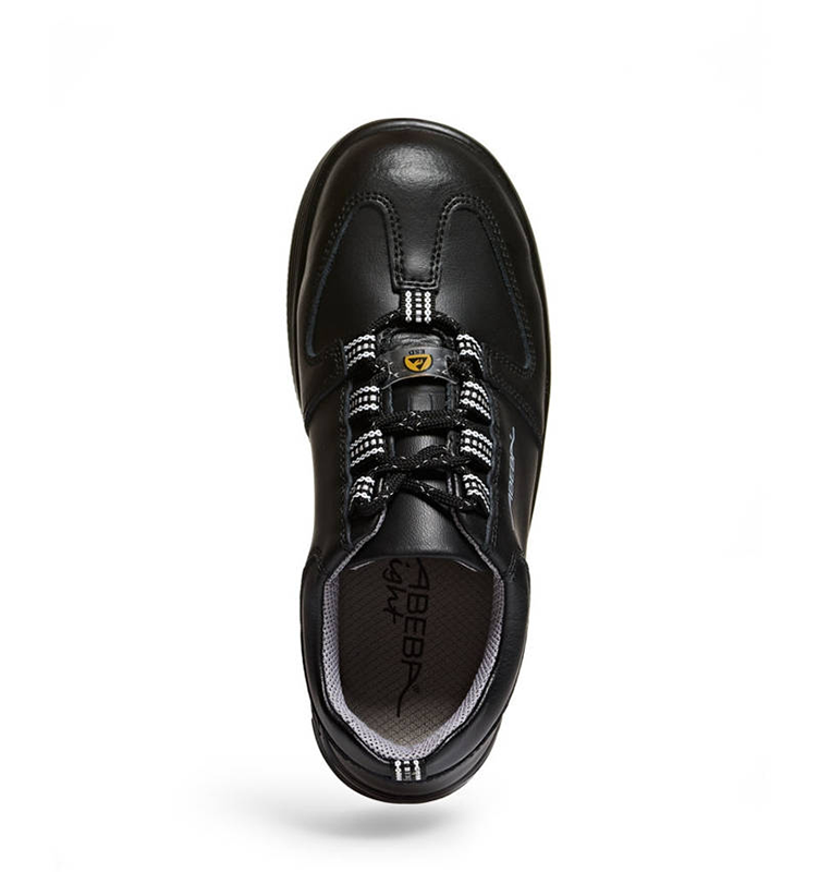 ESD black shoe with laces and ESD symbol. X-LIGHT 038 range. Top view of shoe. Bondline.