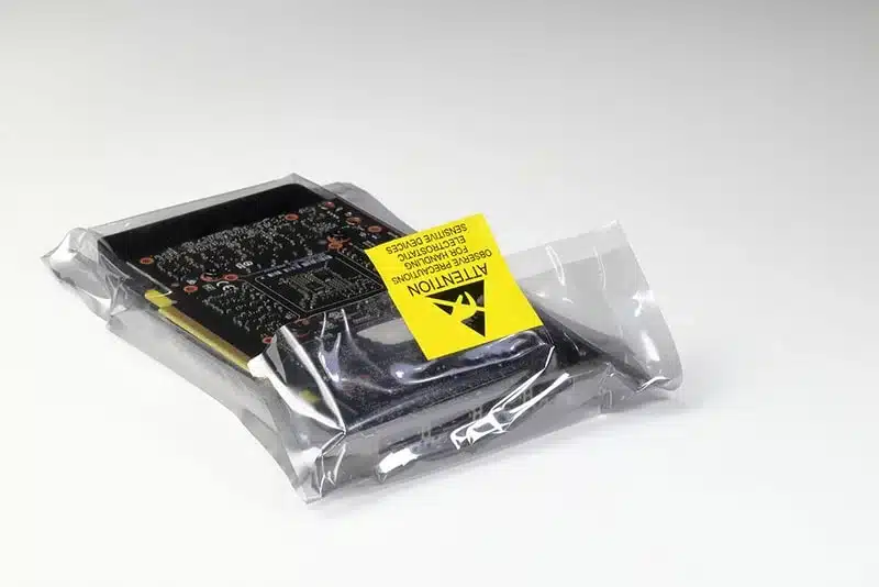 An electronic component inside a static shielding bag with ESD label - Bondline Electronics LTD 