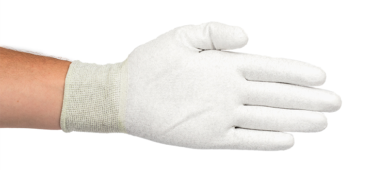 Bondline coated palm glove with elasticated wrist for safe handling of electronics