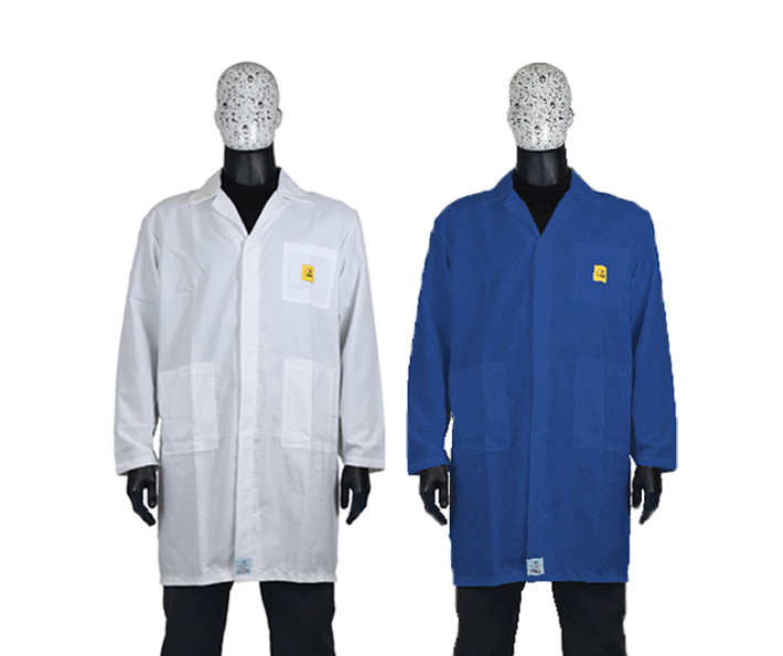 Premium ESD Lab Coats in royal blue and white. Bondline.