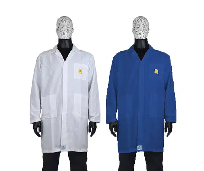 Premium ESD Lab Coats in royal blue and white. Bondline.