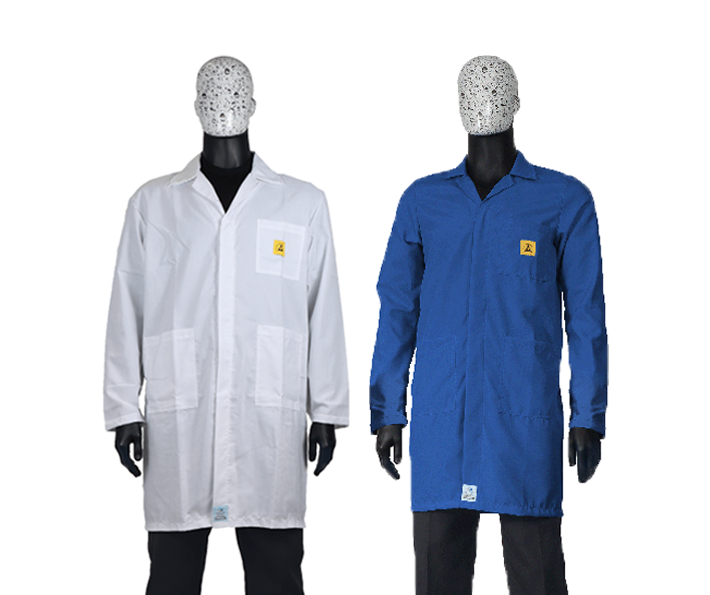 Premium ESD lab jackets in royal blue and white. Bondline.