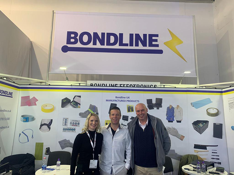 Victoria Blizzard, Ben Blizzard and Darren Buckett at Bondline Electronics Ltd booth at Productronica 2023, Messe München. 