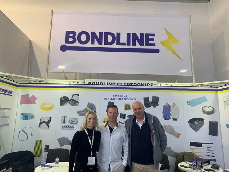 Victoria Blizzard, Ben Blizzard and Darren Buckett at Bondline Electronics Ltd booth at Productronica 2023, Messe München.