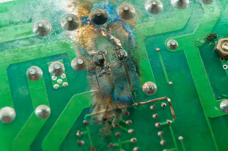 Short circuit damage on printed circuit board. Bondline Electronics Ltd.