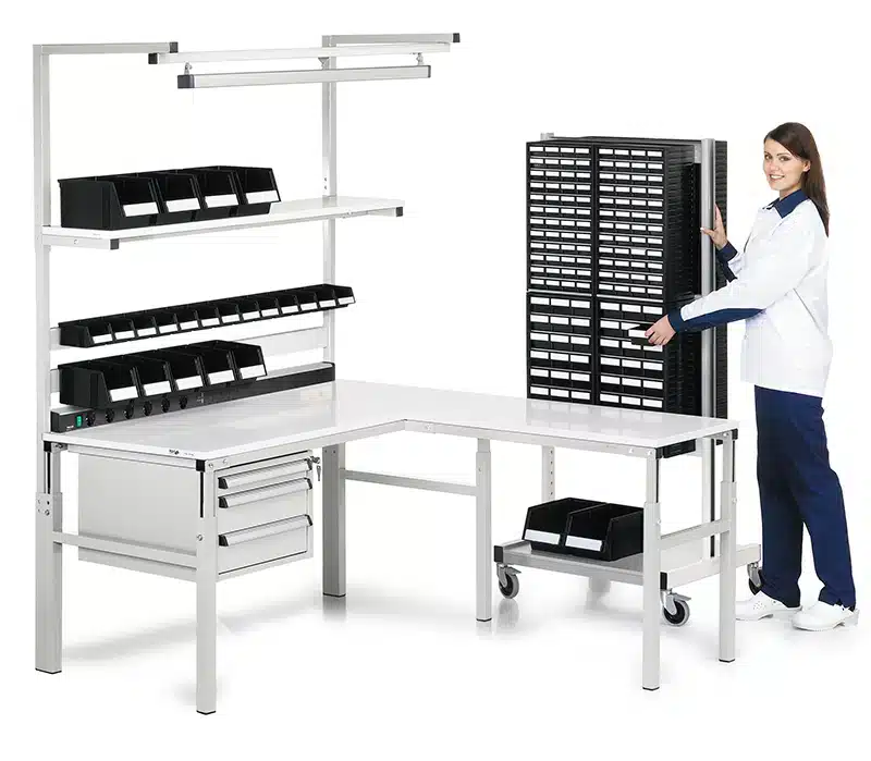 ESD workbench with storage systems and corner table - Bondline Electronics Ltd