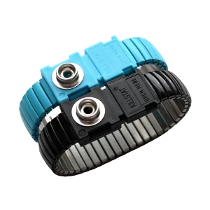 Stainless steel ESD wrist strap with clip attachment (ERG10A). Metal ESD wrist strap. Blue and black. Bondline Electronics Ltd.
