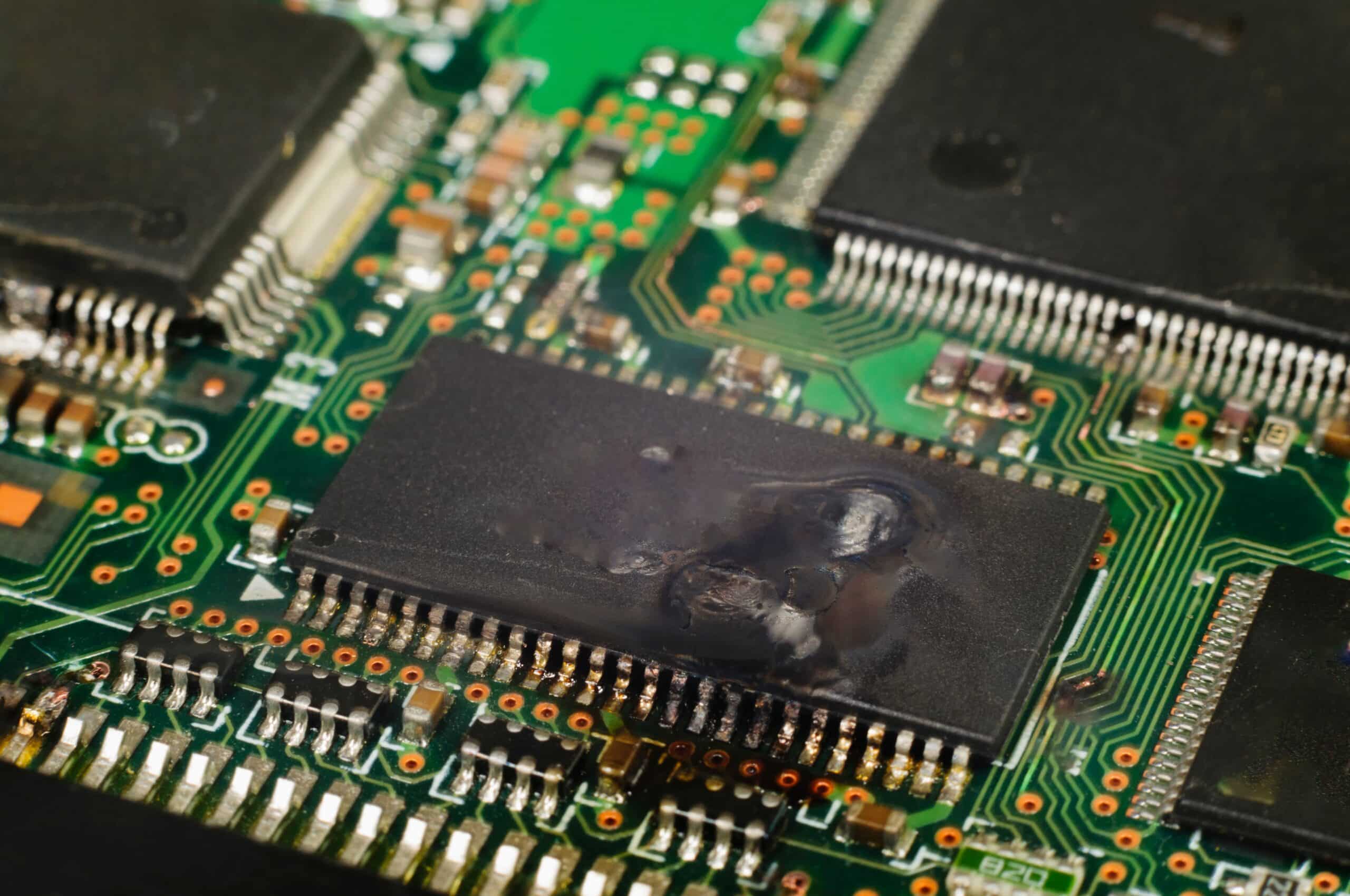 An image showing damage to an electronic integrated circuit. Short circuit. Malfunction in electrical circuit. Bondline Electronics Ltd.