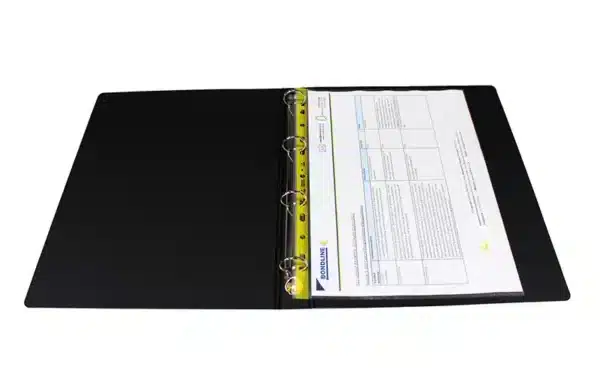 Static dissipative document wallet with paper inserted inside, clipped into ring binder - Bondline Electronics Ltd